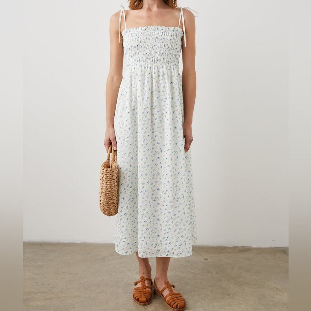 Rails Cotton Faith White Floral Smocked Tie Strap Midi Dress Bluebell Eyelet XL